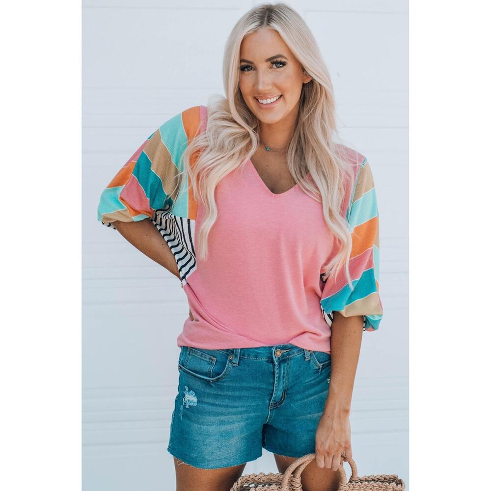 Womens Shirt SZ L Peasant Orange Colorblock Striped V-Neck 3/4 Sleeves Pullover - Picture 2 of 5
